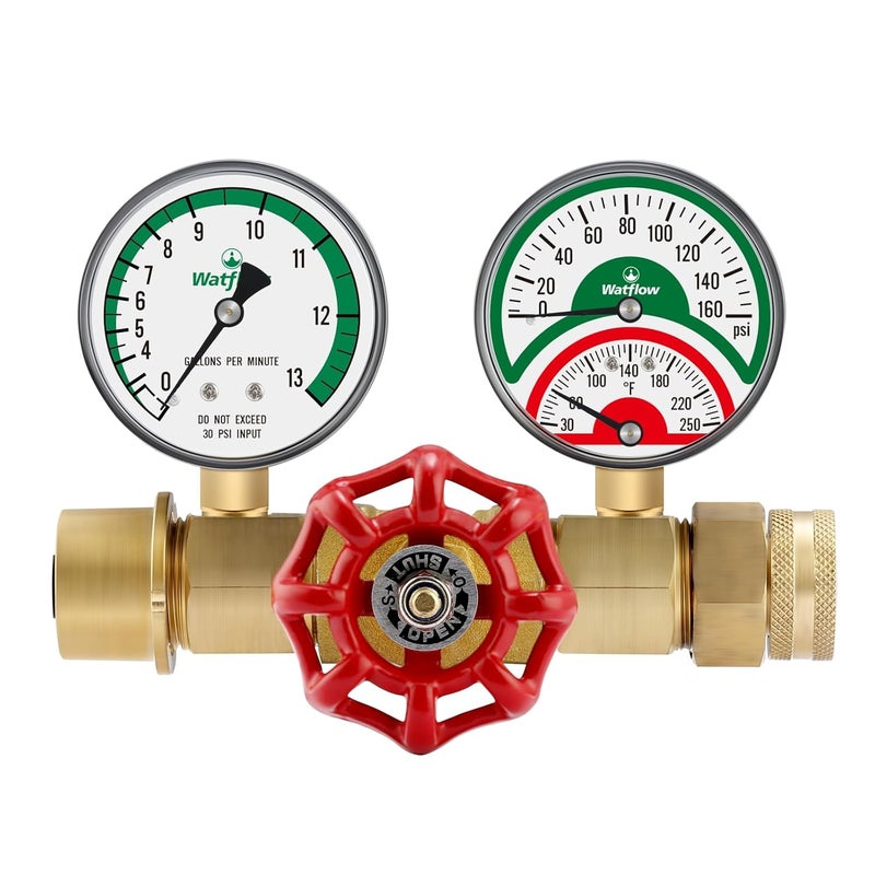 Watflow Water Flow Gauge, Temperature and Pressure Test Assembly, 0-160psi,0-13 GPM, 3/4" Female Hose Thread. - Image 1